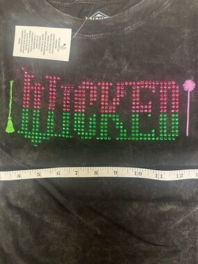 WICKED TOP BLACK ACID WASH Studded CROPPED TEE & Green Crystal Logo